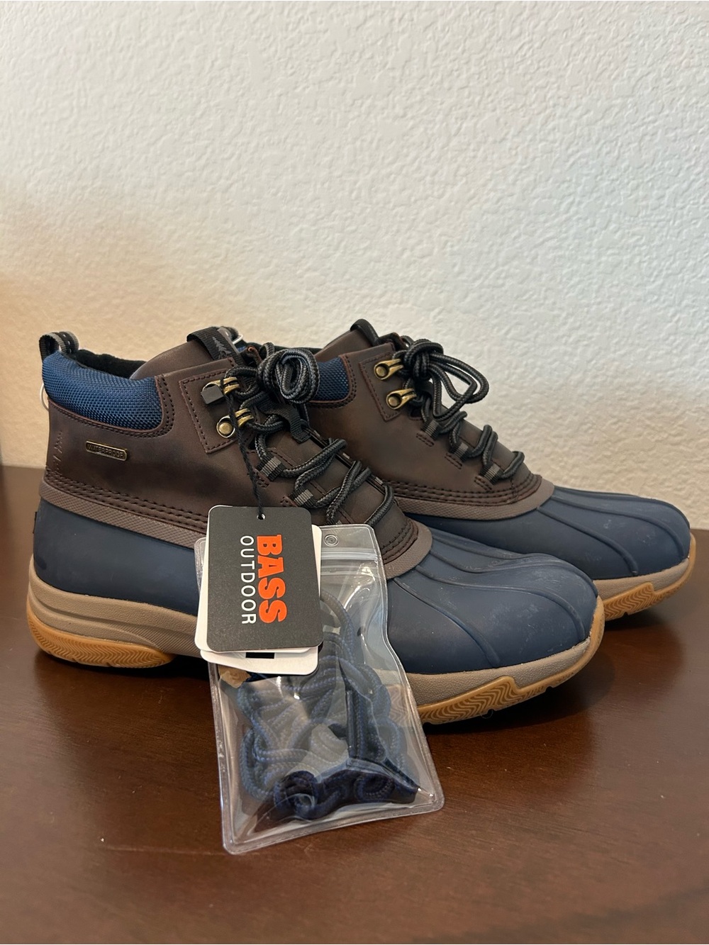 BASS Outdoor Men's Waterproof Duck Boots in Navy and Brown